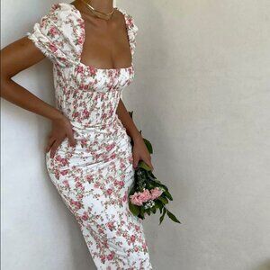 House of CB Bellucci Rose Print Shirred Midi Sundress – Size XS